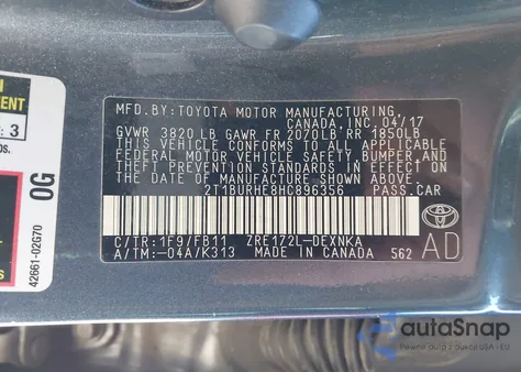 2017 Toyota Corolla Le from USA, damaged, VIN 2T1BURHE8HC896356